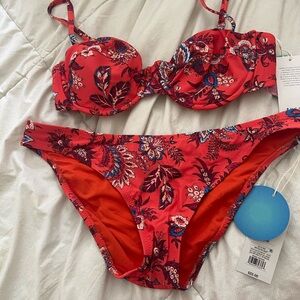 NWT Floral Red Bikini Top and Bottom.
